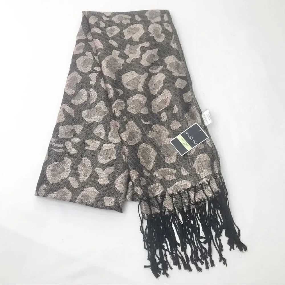 West Loop Black Taupe Metallic Leopard Print Jacquard Fringe Scarf NEW